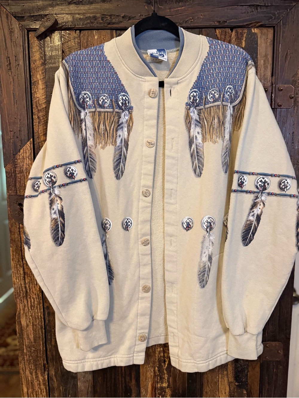 Vintage 90s Art Unlimited AU Southwestern Feather Button Sweatshirt Jacket USA M